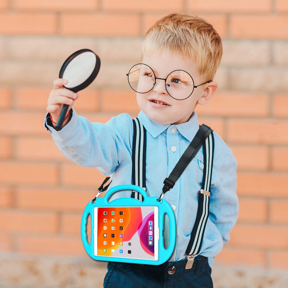 Menzo Kids Case For Ipad 9Th/8Th/7Th Generation, Shockproof Shoulder Strap Handle Stand, Turquoise