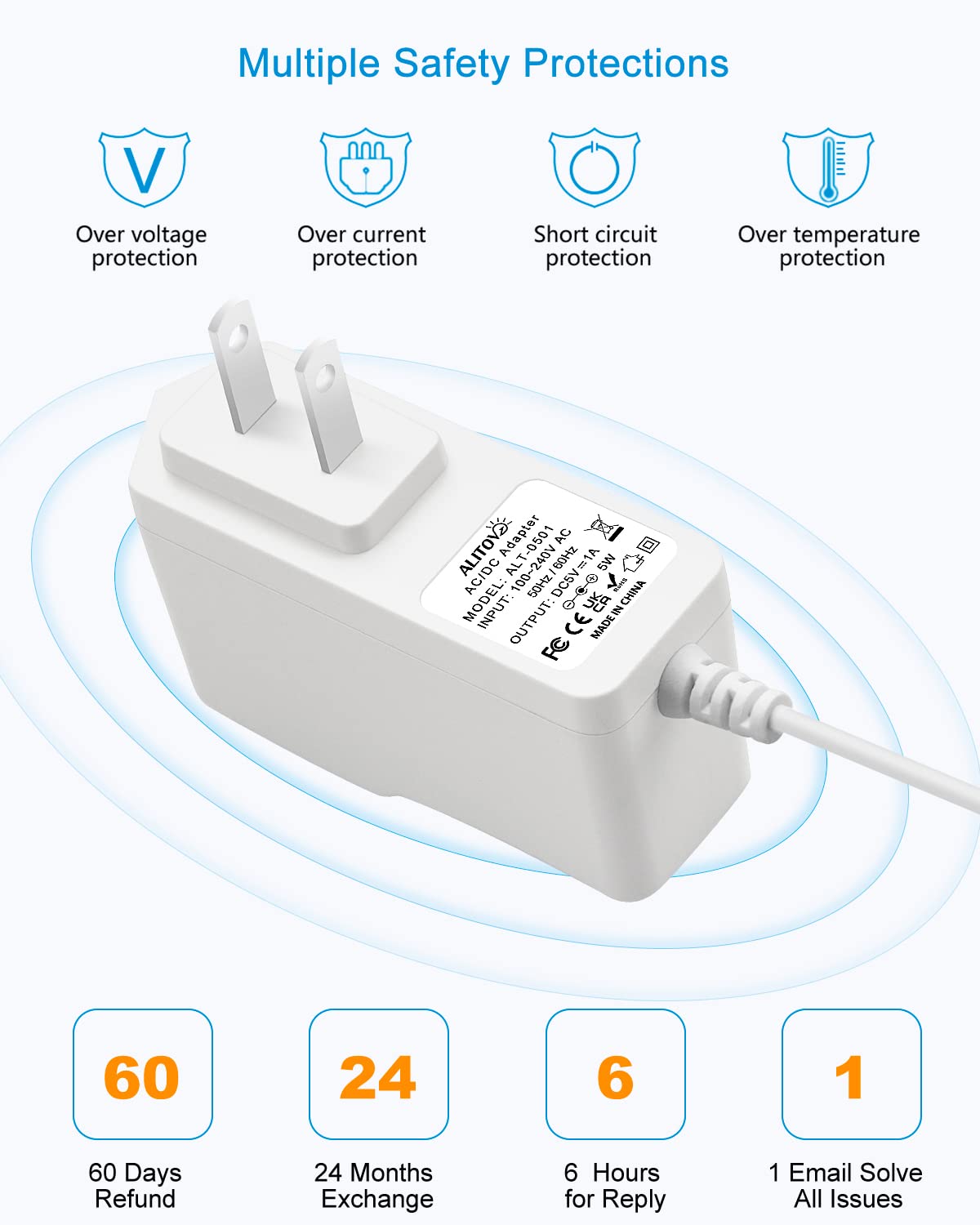 Alitove 5V 1A Power Supply 5 Volt 1A 5W Universal Ac/Dc Adapter 100 240V Ac To Dc 5V Power Cord Converter With 8 Tips 5.5X2.5Mm