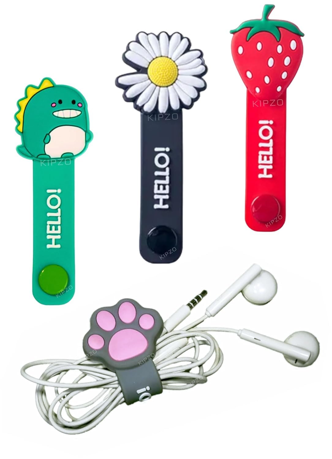 Kipzo Pack Of 4 Cartoon Button Cable Winder Earphone Cord Protector Wire Organizer Clip Fruit Flower Animal Headphone Storage Ca