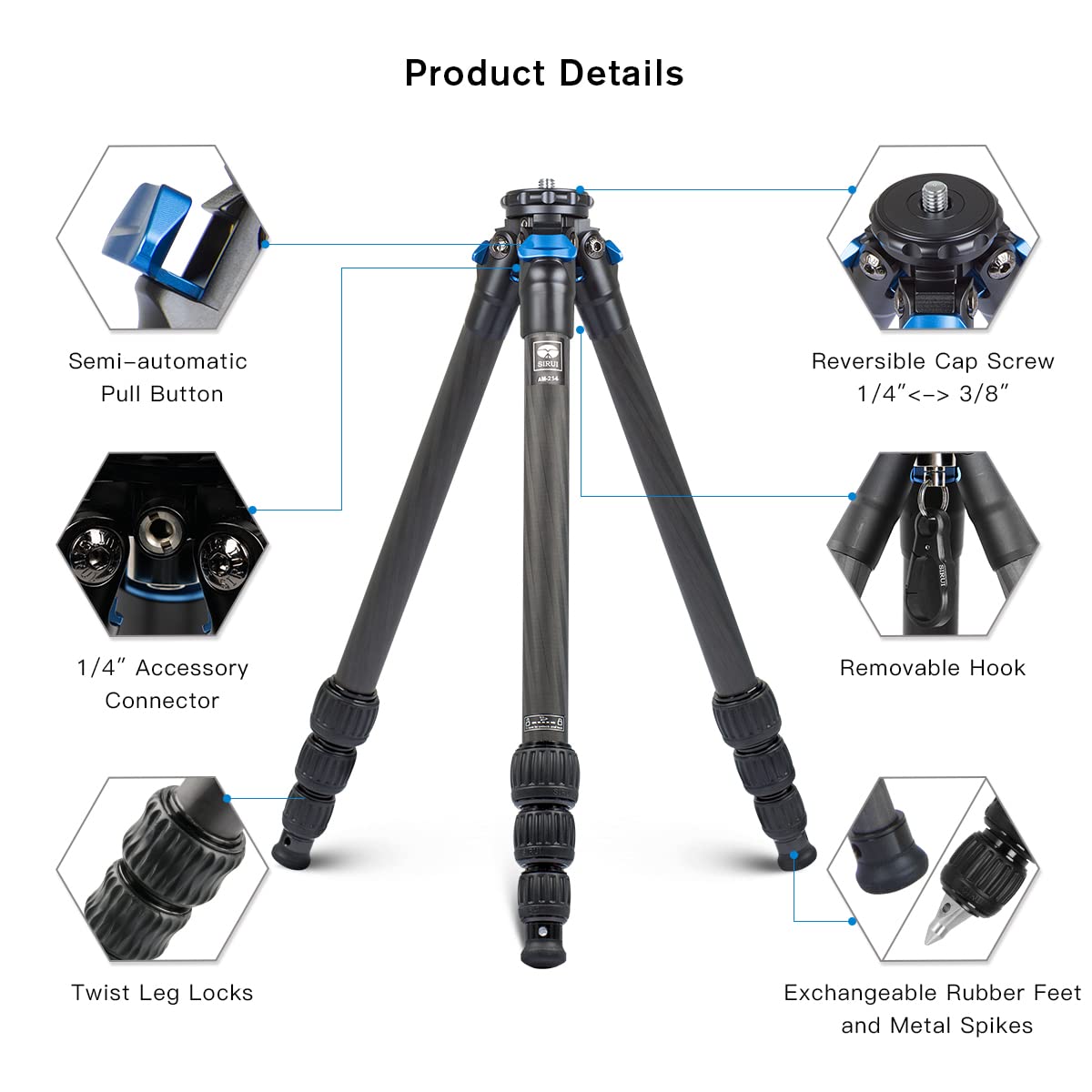 Sirui Am 254 Carbon Fiber Camera Tripod, 47' Lightweight Compact Travel Tripod, 4 Section Legs, Twist Locks, Steel Spikes, Loads Up To 26.5Lbs/12Kg