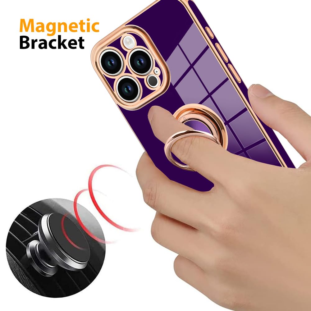 Kanghar Phone Case Compatible With Iphone 15 Pro For Women Girls, Plating Built-In 360 Rotation Magnetic Ring Kickstand Holder S