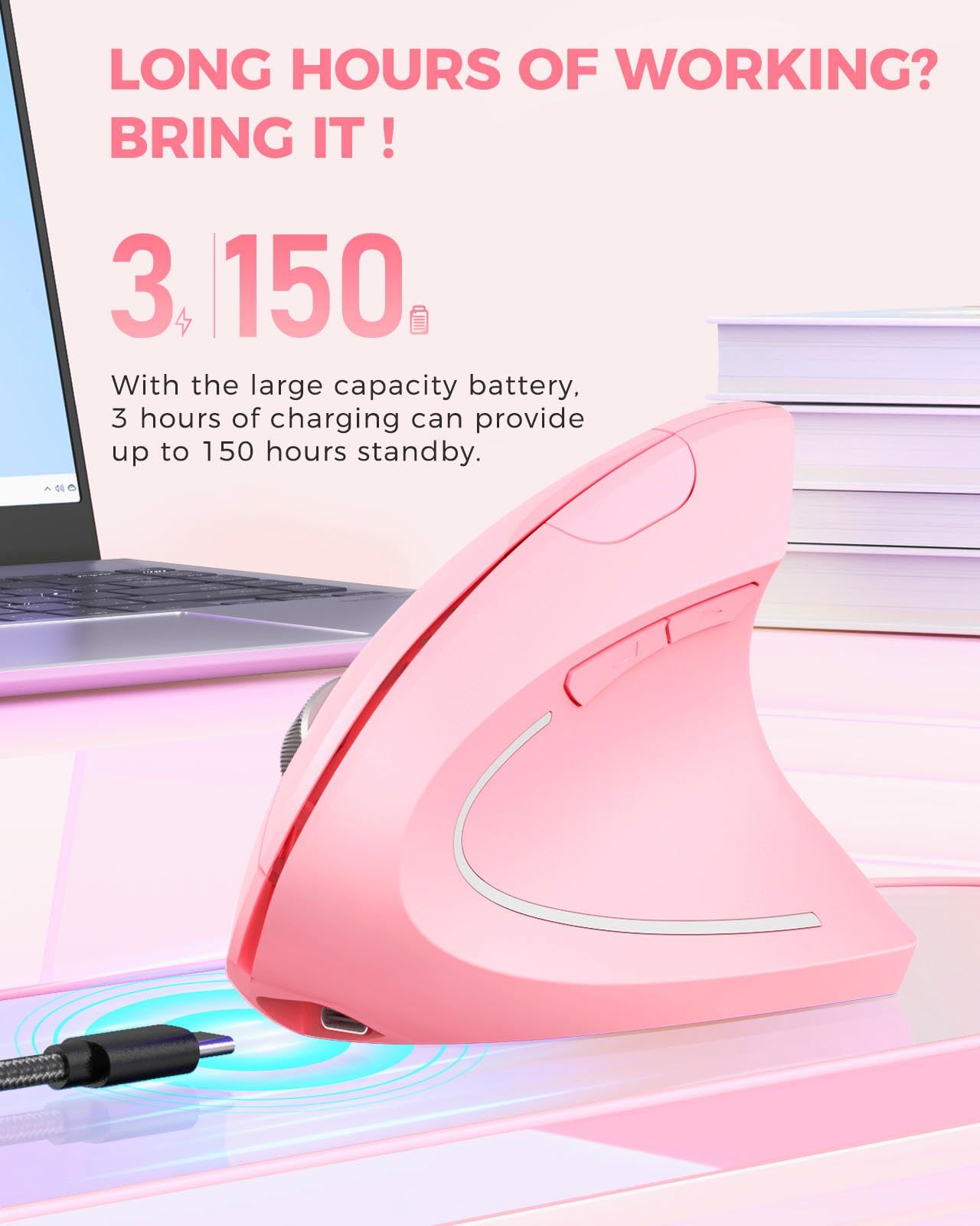 Lekvey Ergonomic Mouse, Vertical Wireless Mouse, Rechargeable 2.4 Ghz Usb Optical Carpal Tunnel Mice : 800/1200 / 1600 Dpi, 6 Buttons, For Laptop, Pc, Computer, Desktop, Notebook Etc, Pink