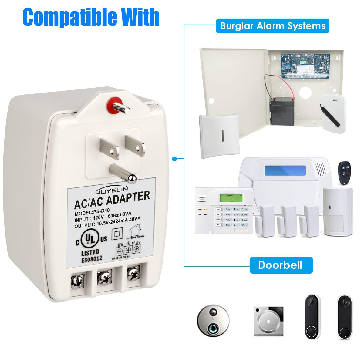16.5V 40Va Burglar Alarm Systems And Doorbell Transformer,16.5V Plug In Transformer Compatible With All Versions Of Doorbell ,Mo