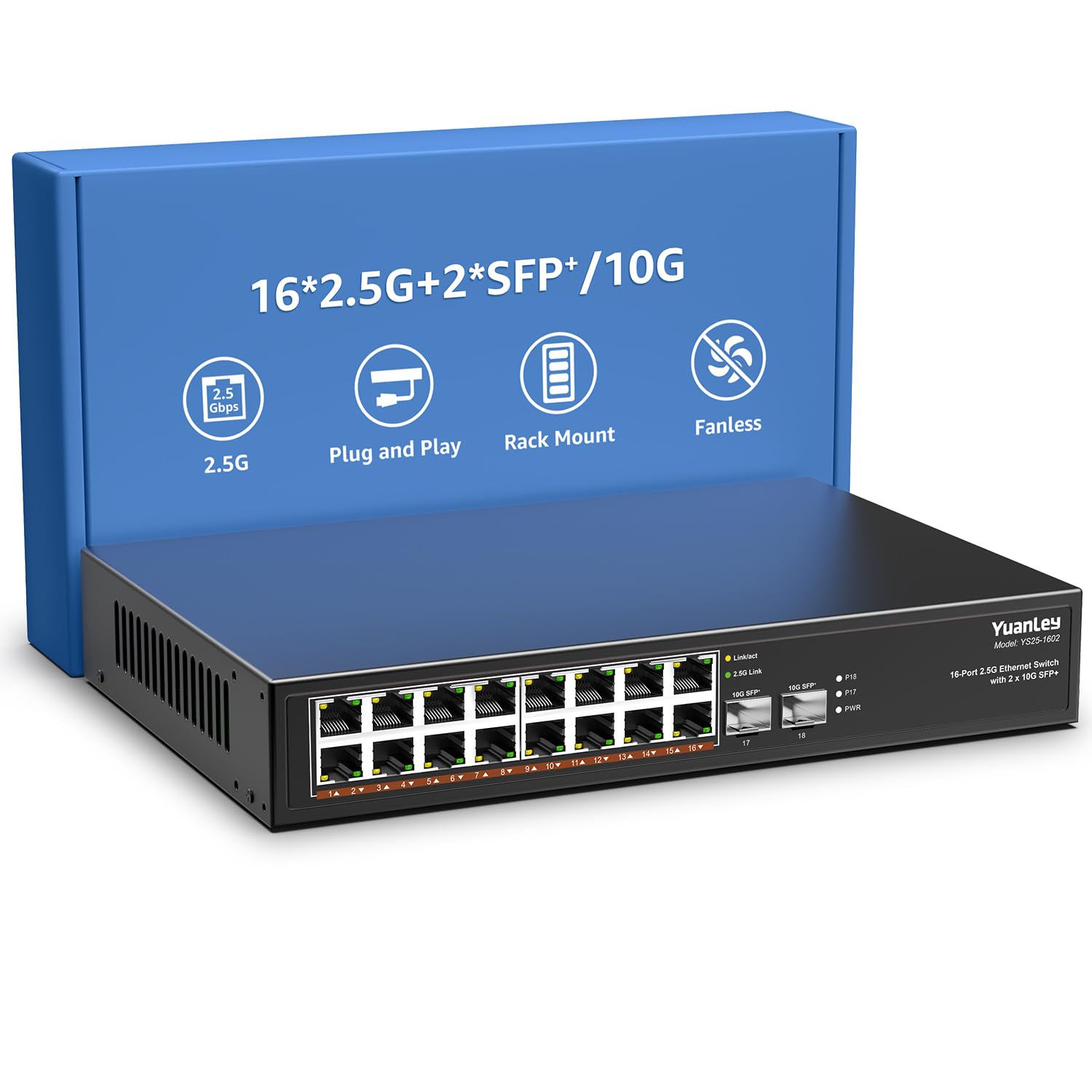 18 Port 2.5G Umanaged Ethernet Switch, 16 X 2.5Gb Base T Ports, 2 X 10G Sfp+, Compatible With 100/1000/2500Mbps, Metal Fanless,