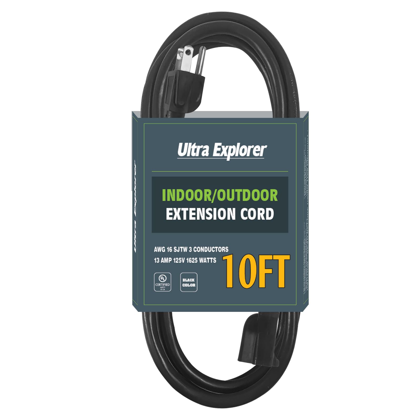 10 Ft 16/3 Outdoor Extension Cord Waterproof   16 Gauge 3 Prong Electric Cord, Sjtw, 13A 1625W 125V, Grounded Plug Extension Wir