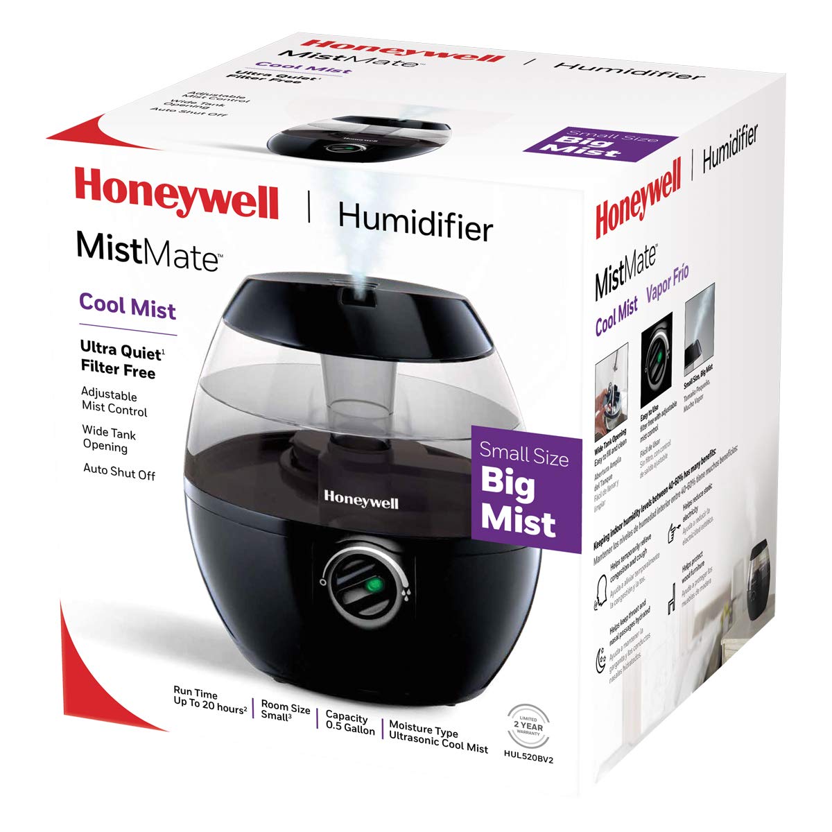 Honeywell Hul520B Mistmate Cool Mist Humidifier Black With Easy Fill Tank & Auto Shut-Off, For Small Room, Bedroom, Baby Room, O