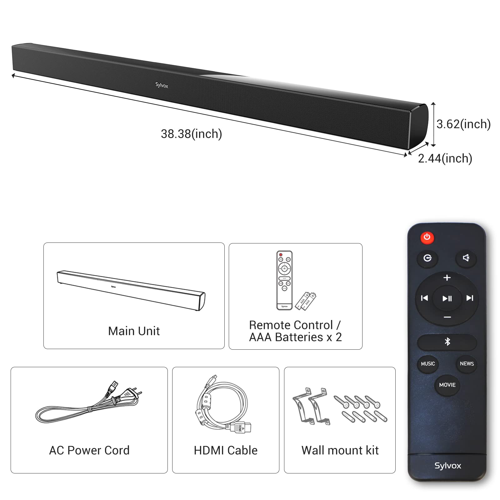 Sylvox Outdoor Waterproof Soundbar For Tv, Ip65 Bluetooth Soundbar With Remote, 60W Powerful Sound, 3D Surround, Hdmi Arc, Wirel