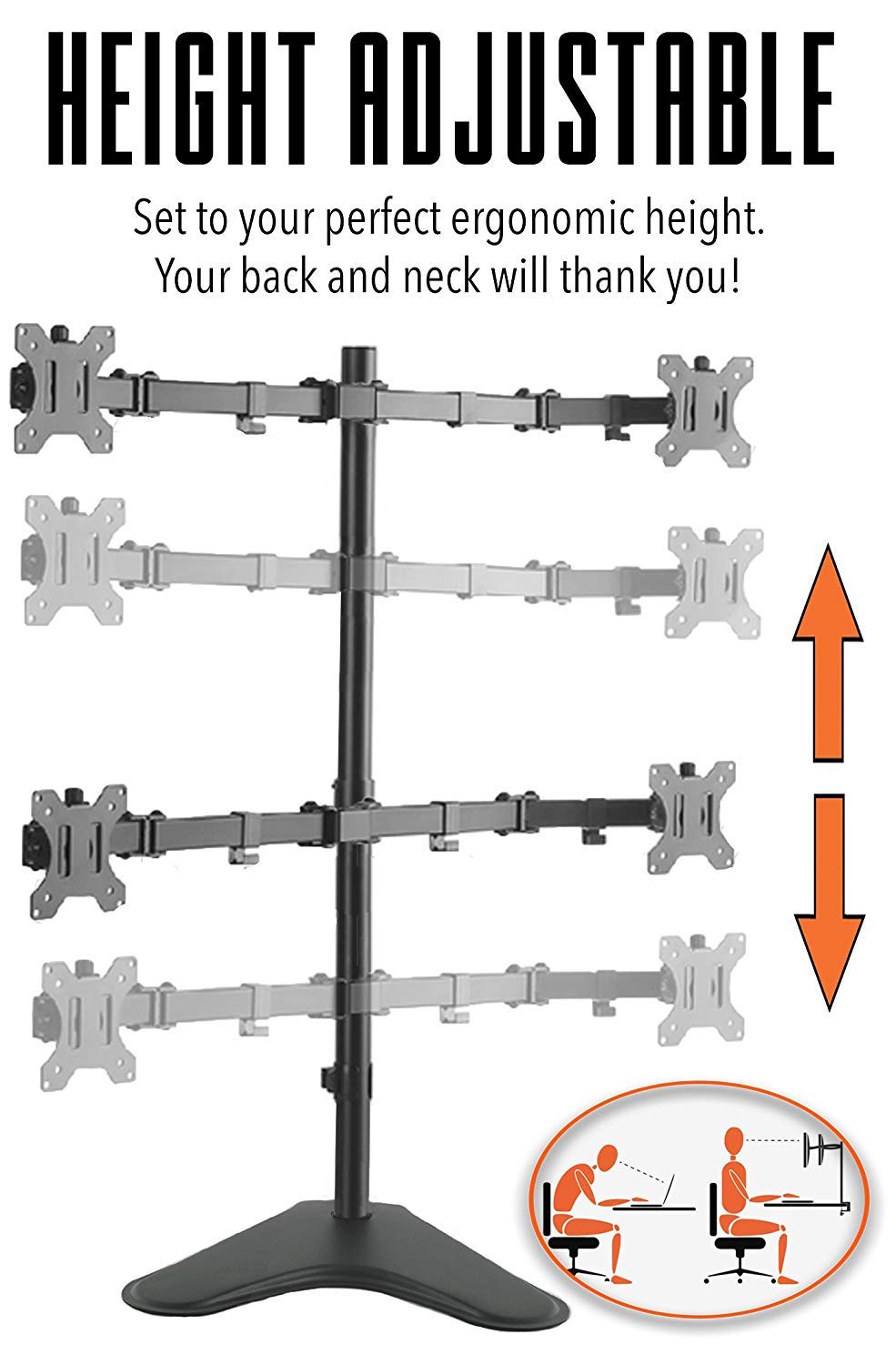 Stand Steady 4 Monitor Mount | Height Adjustable Monitor Stand With Stabilizing Freestanding Base | Four Monitor Arm With Full Articulation Vesa Mount Fits Most Lcd/Led Monitors 17 32 In. (Black)