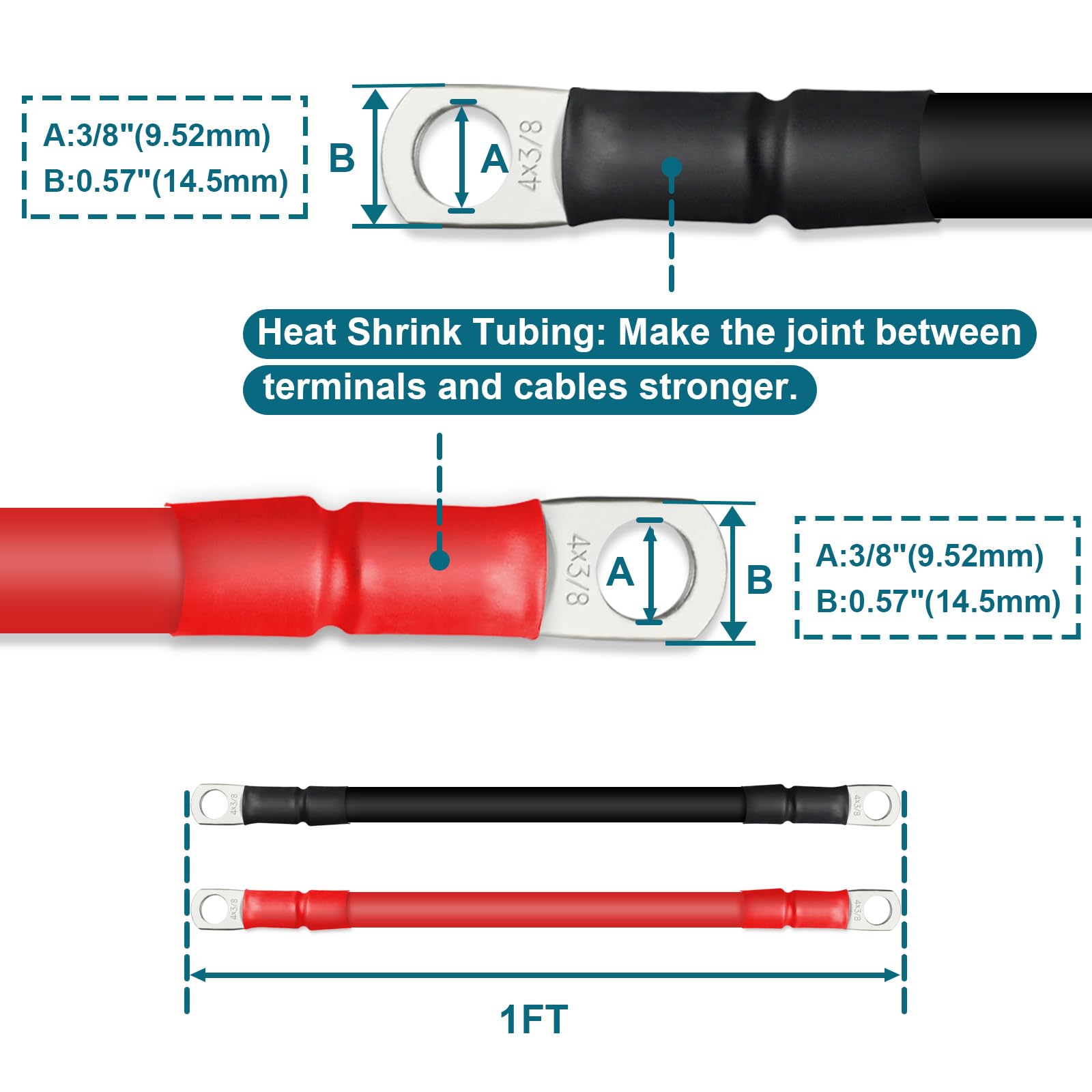Zonbang 4 Awg Battery Cable With 3/8 Inch Terminals, Copper Battery Inverter Cables For Car Rv Automotive Solar, 1Ft(2 Pack)