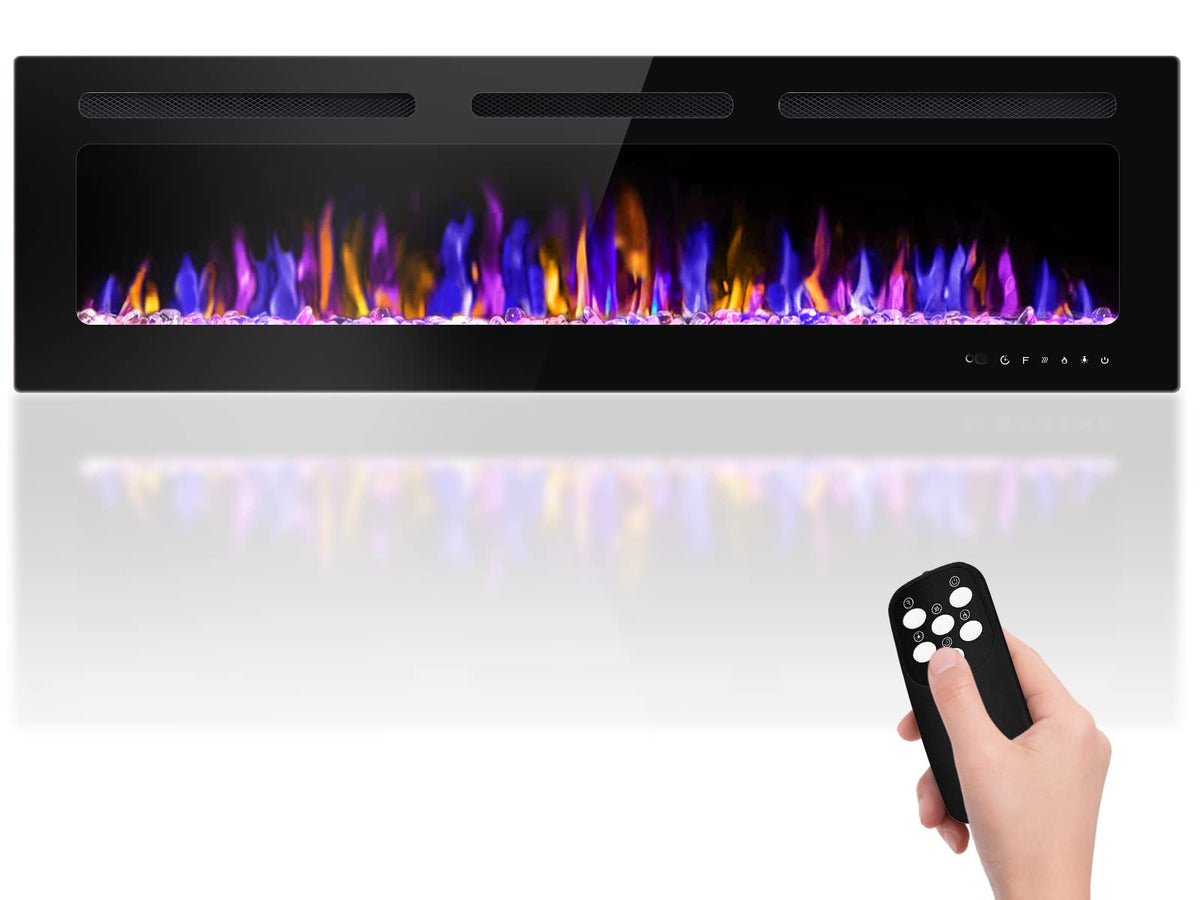 Betelnut 68'' Electric Fireplace Wall Mounted And Recessed With Remote Control, 750/1500W Ultra Thin Wall Fireplace Heater W/Tim