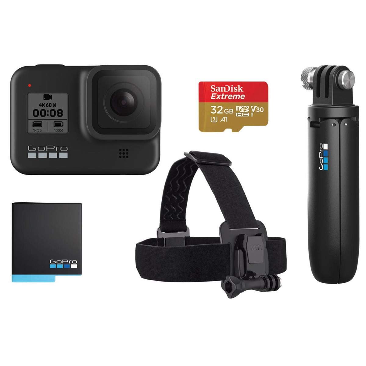 Gopro Hero8 Black Retail Bundle - Includes Hero8 Black Camera Plus Shorty, Head Strap, 32Gb Sd Card, And 2 Rechargeable Batterie