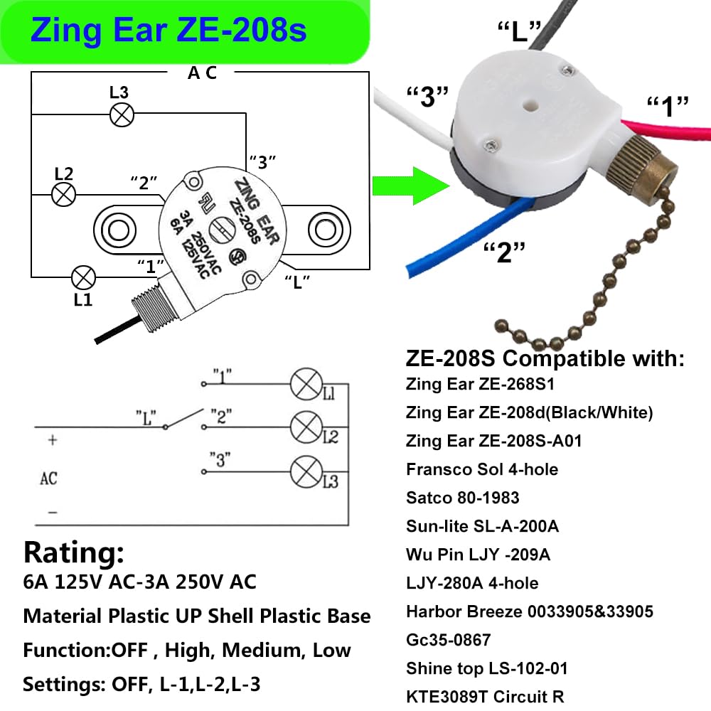 Ceiling Fan Switch Zing Ear Ze 208S E89885 With 4 Pre Installed Wires 3 Speed 4 Wire Pull Chain Switch Fan Light Switch Replacem