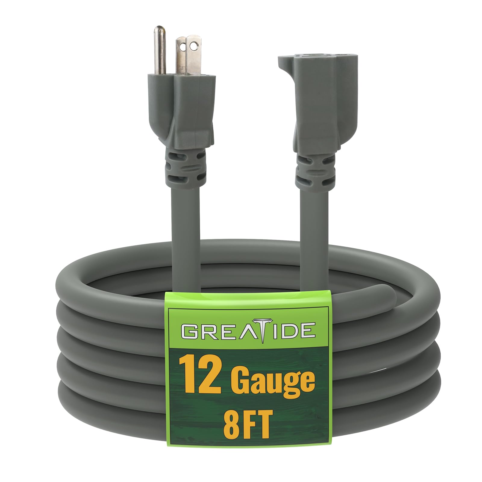 Greatide 8 Ft Outdoor Extension Cord   12/3 Sjtw Heavy Duty Grey Extension Cable With 3 Prong Grounded Plug   Power Cord For Law