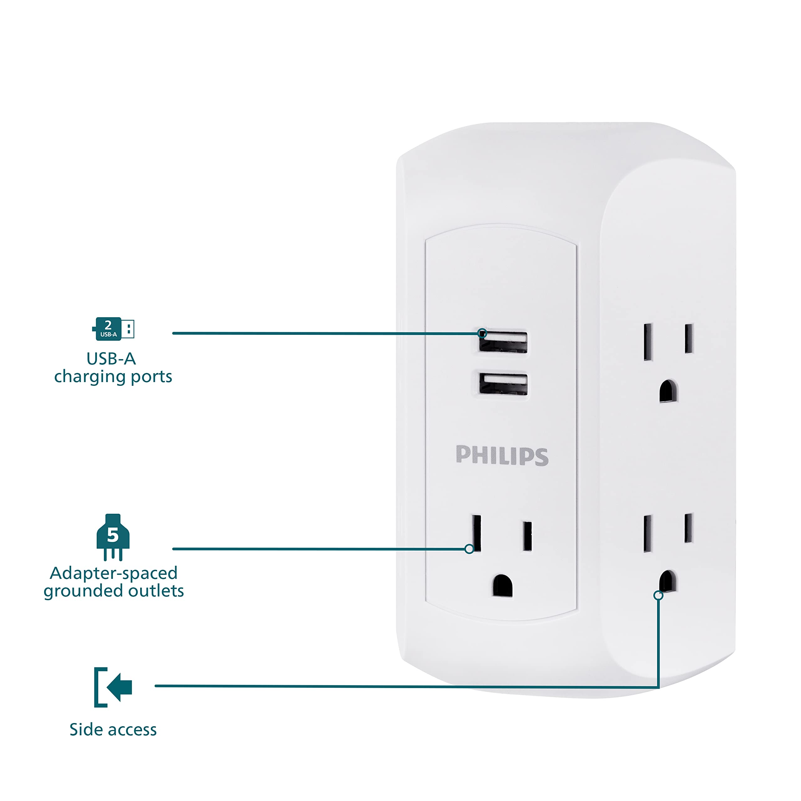 Philips 5 Outlet Extender, Grounded Wall Tap, 3 Prong, 2 Usb A, Surge Protector, Adapter Spaced Outlets, Side Access, 560 Joules