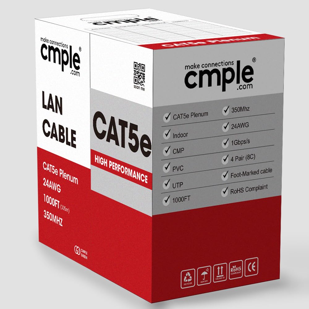 Cmple   Cat5E Ethernet Cable 1000Ft Gigabit Network Cat 5E Bulk Unshielded Twisted Pair (Utp), Solid 24Awg Cmr 350 Mhz Yellow