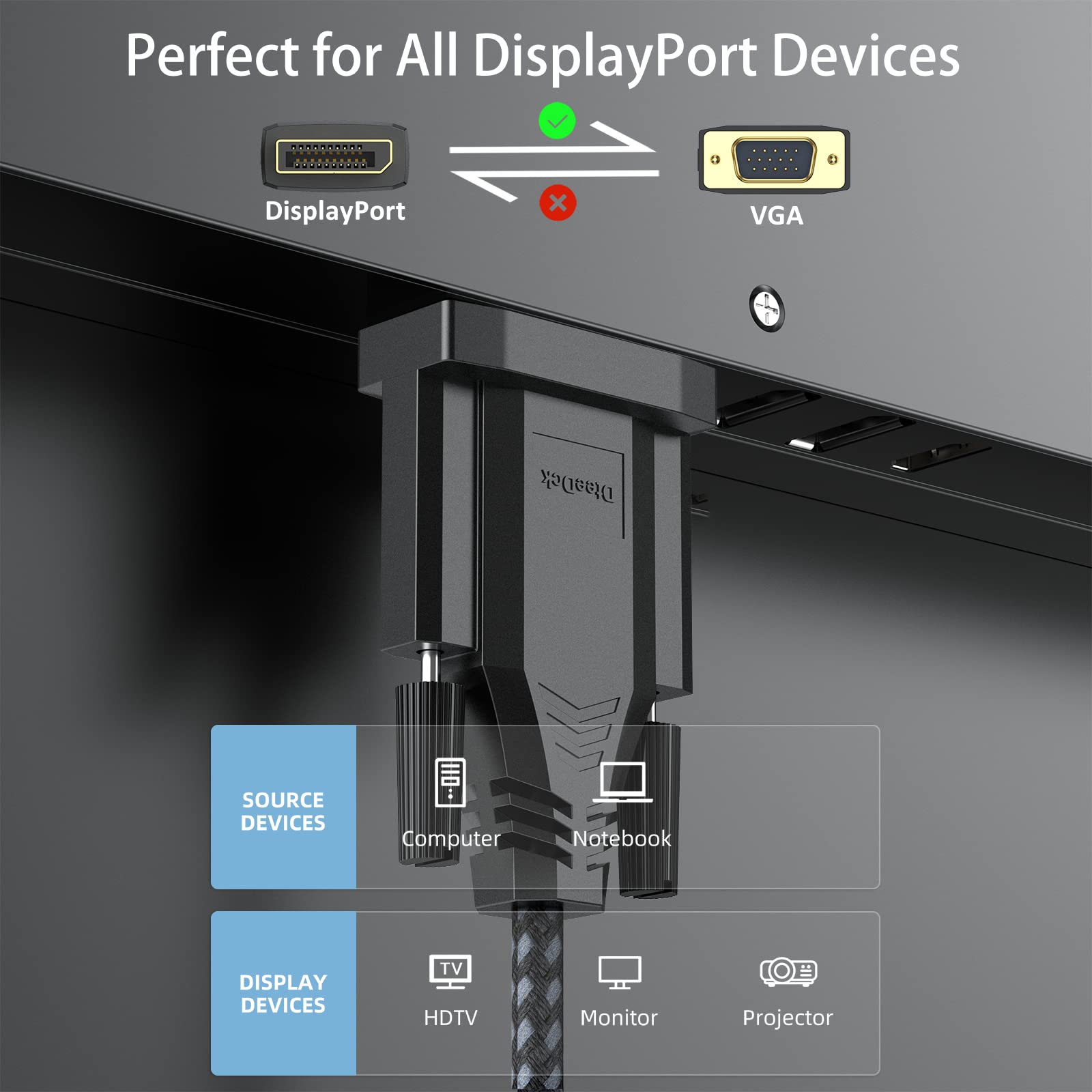 DteeDck DisplayPort to VGA Cable Adapter Converter BK51 10ft Full HD 1080P Gold-Plated Black