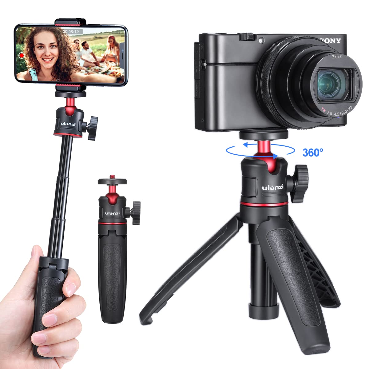 ULANZI MT-08 Extension Pole Tripod, Mini Selfie Stick Tripod Stand Handle Grip for Webcam iPhone 11 Pro Max Samsung Smartphone C