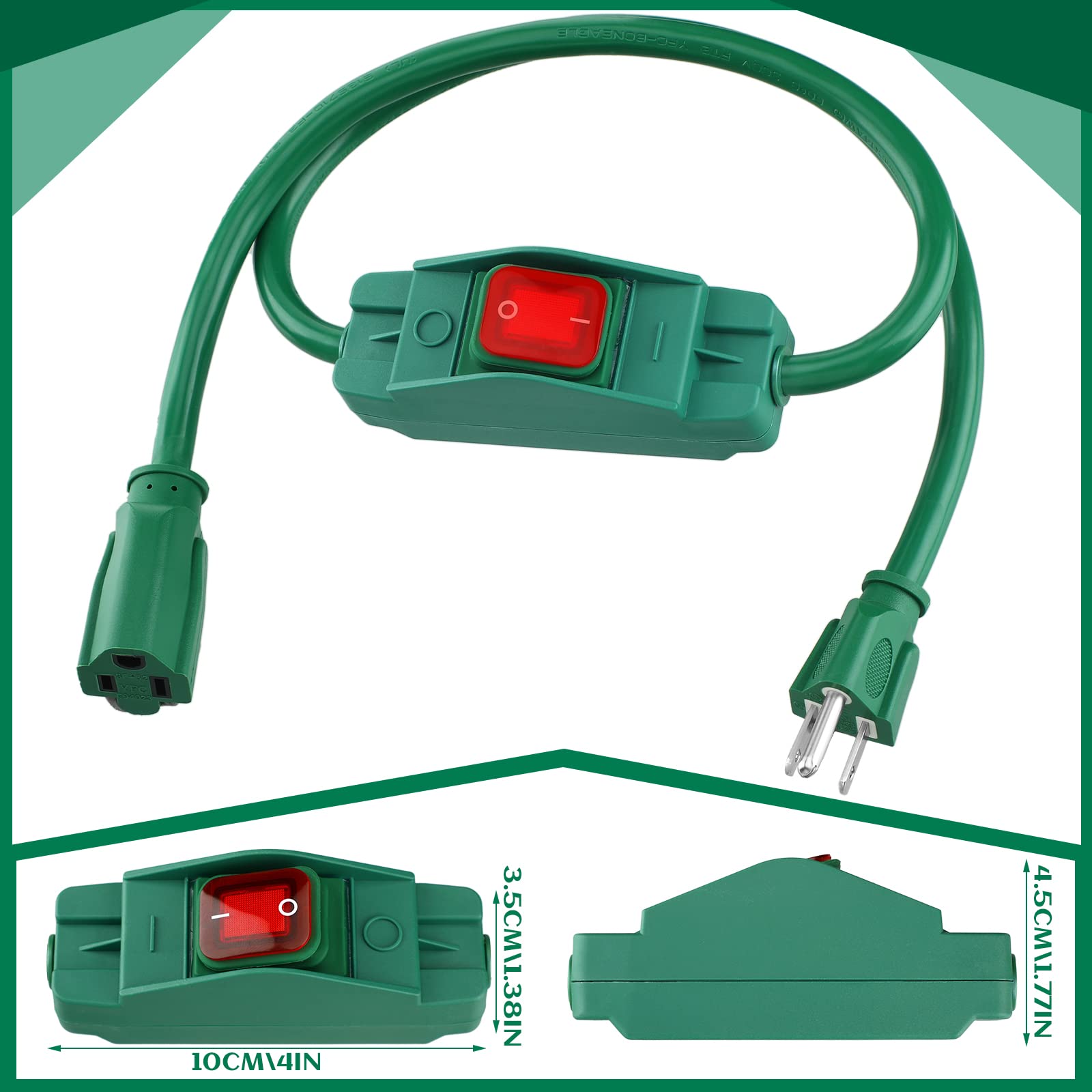 Weewooday 3 Prong Outdoor Extension Cord With Waterproof Switch 1875W Heavy Duty 14/3 Sjt Cable Inline On/Off 15A 125V Grounded