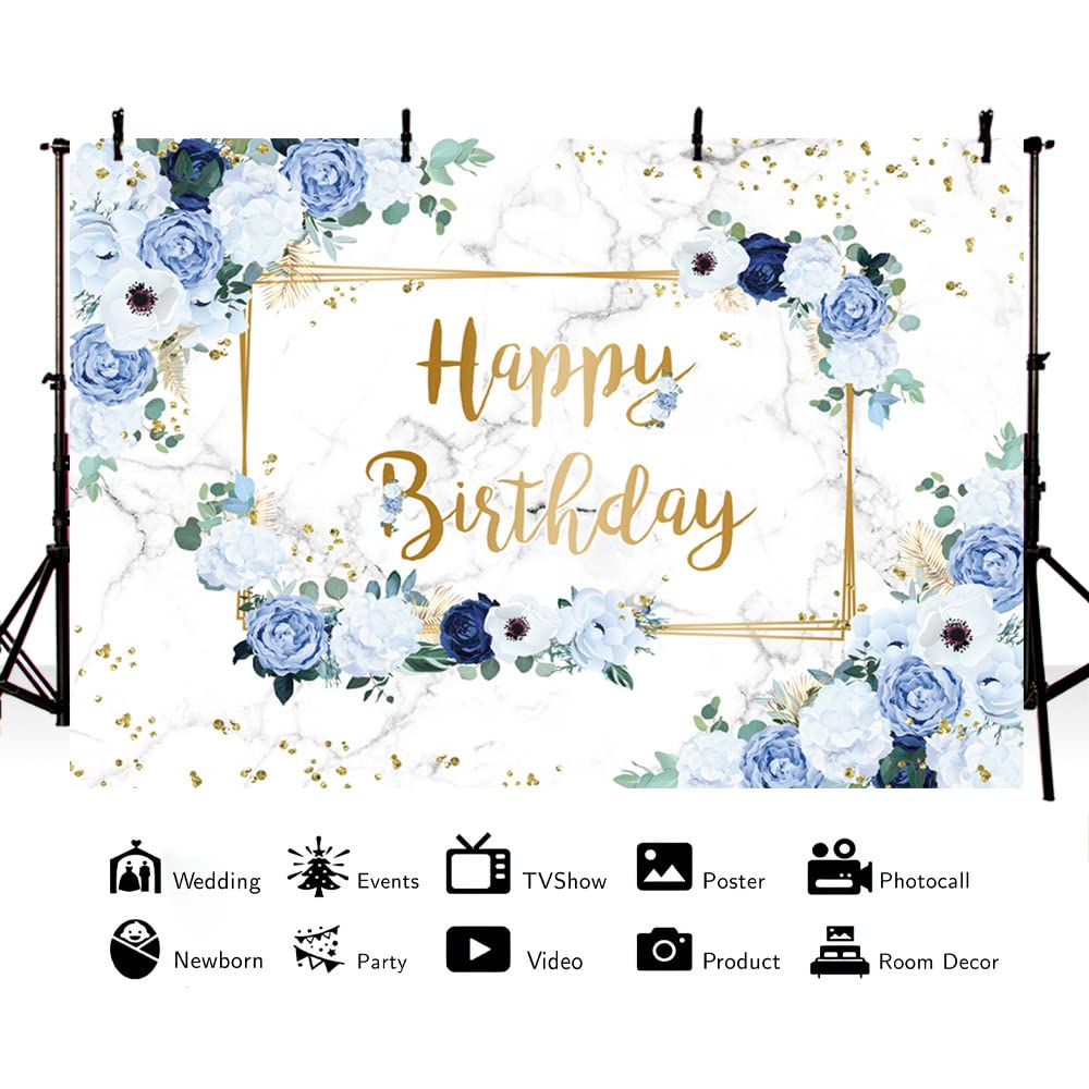 Mehofond 7X5Ft Happy Birthday Backdrop Blue And White Flowers Bday Photography Background Girls Geometric Gold Glitter Dots Birt