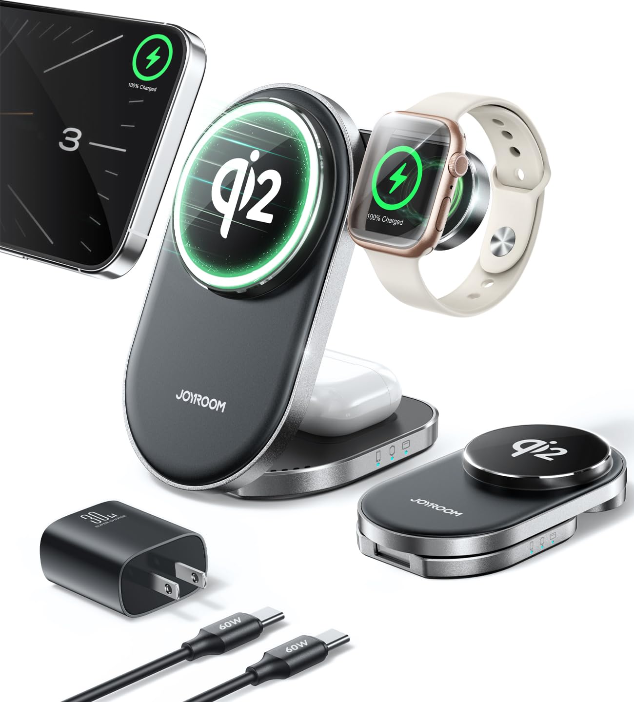 Qi2 3 In 1 Wireless Charging Station,Joyroom 15W Fast Wireless Charger Stand For Iphone 16/15/14/13, Apple Watch, Airpods, Magne