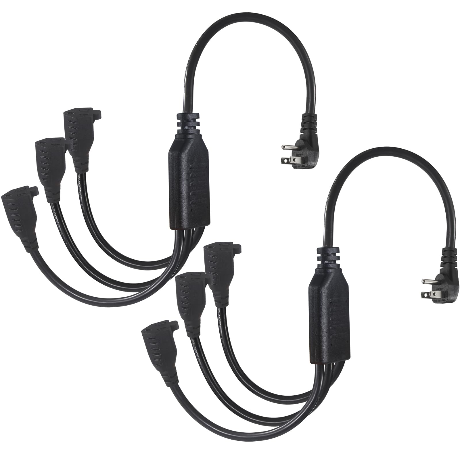 [2Pack]1.5Ft 3 Outlet Power Splitter Extension Cord   18Inch 1 To 3 Flat Plug Extension Cord Splitter , Sjt 16Awg 3 Prong 1 To 3