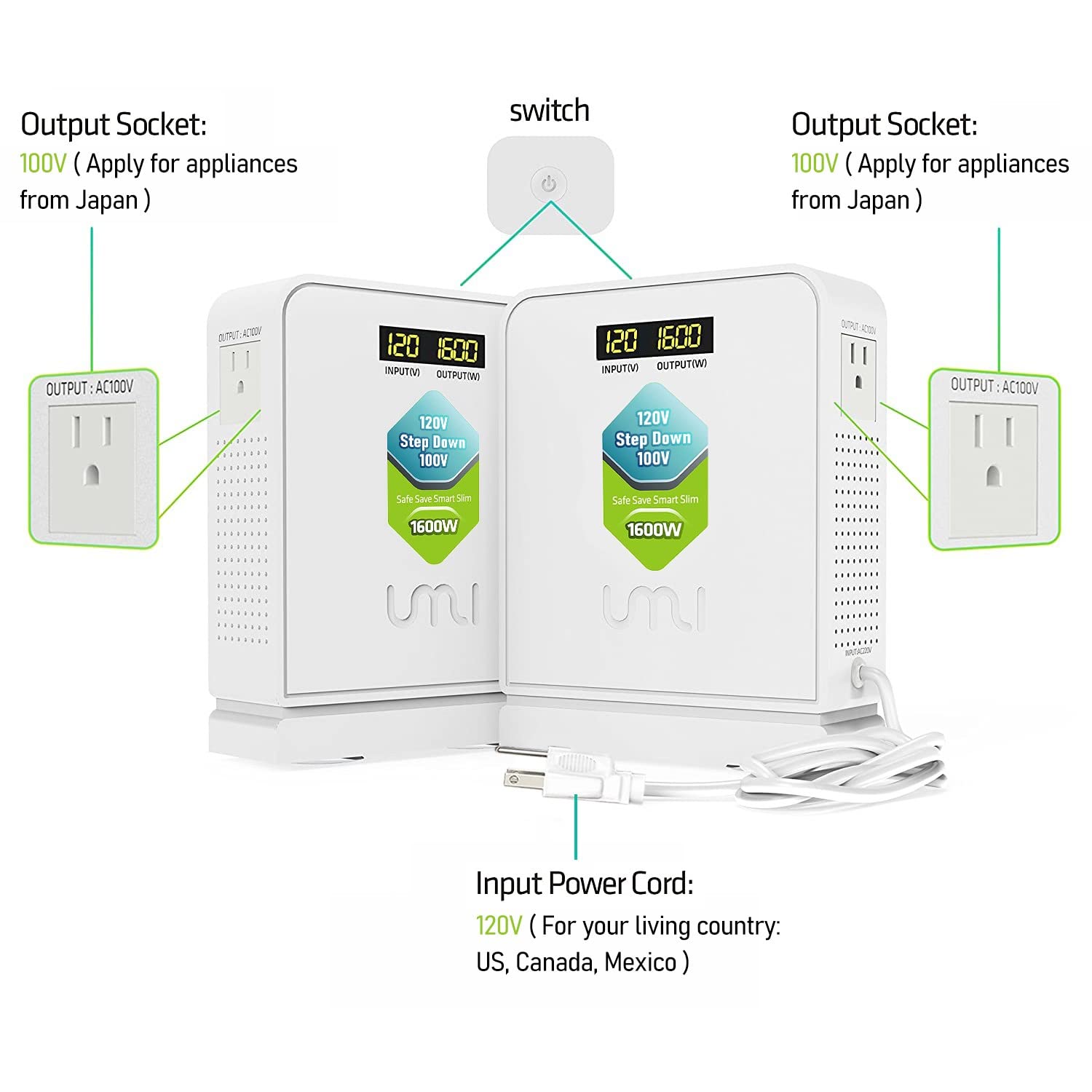 UMI 1600W Step Down Voltage Converter 120V to 100V for Japan Appliances - White, Model LX-1600, CE & CQC Certified