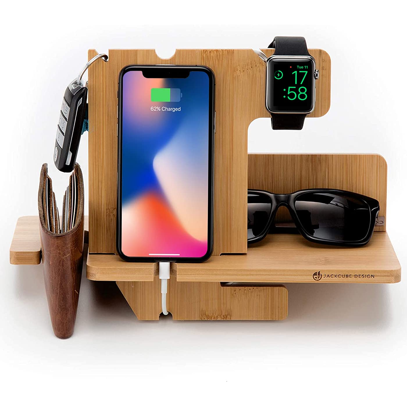 Jackcubedesign Wood Docking Station Nightstand Organizer Key Holder Wallet Stand Watch Gift Anniversary For Men Dad Father Birth