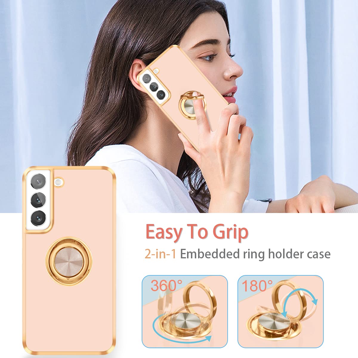 Fingic For Samsung Galaxy S22 Case,Galaxy S22 Case With 360 Ring Holder Slim Kickstand Magnetic Support Car Mount Women Girls So