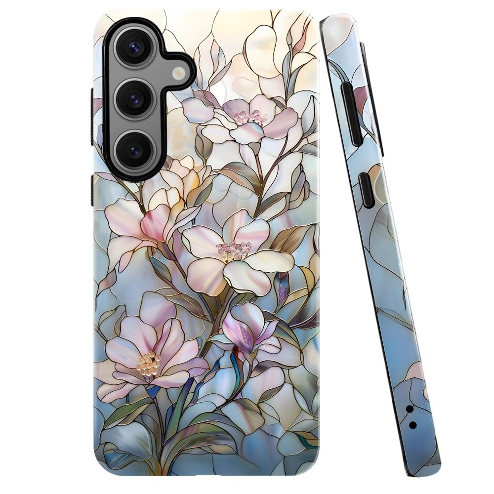 Case for Samsung Galaxy S24 FE,Stained Glass Floral Magnolia Pattern Phone Case Military-Grade Drop Protection Cover for Women G