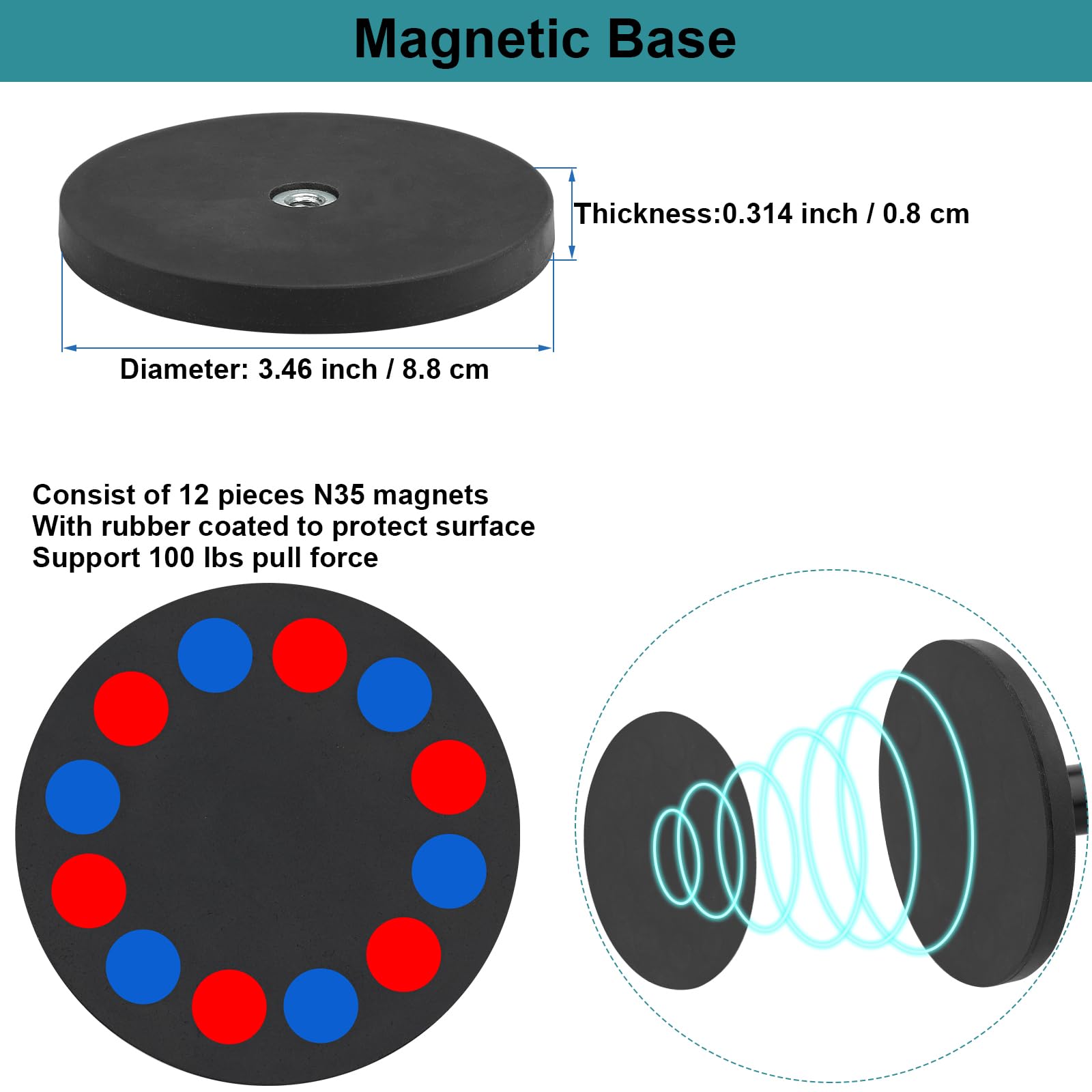 Mippko Magnetic Camera Mount For Gopro Hero/Insta 360 / Dji Osmo/Akaso Action Camera,3.46 Inch Diam Magnetic Rubber Coating Base,10 Inch Length Adjustable Aluminum Alloy Arm