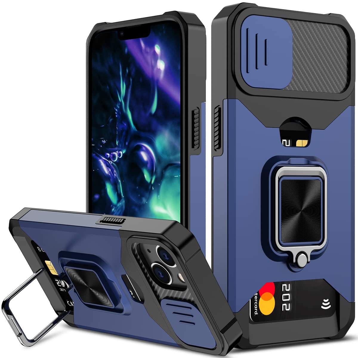 Nvollnoe For Iphone 14 Plus Case With Sliding Camera Cover And Card Holder Heavy Duty Protective Iphone 14 Plus Case With Ring M