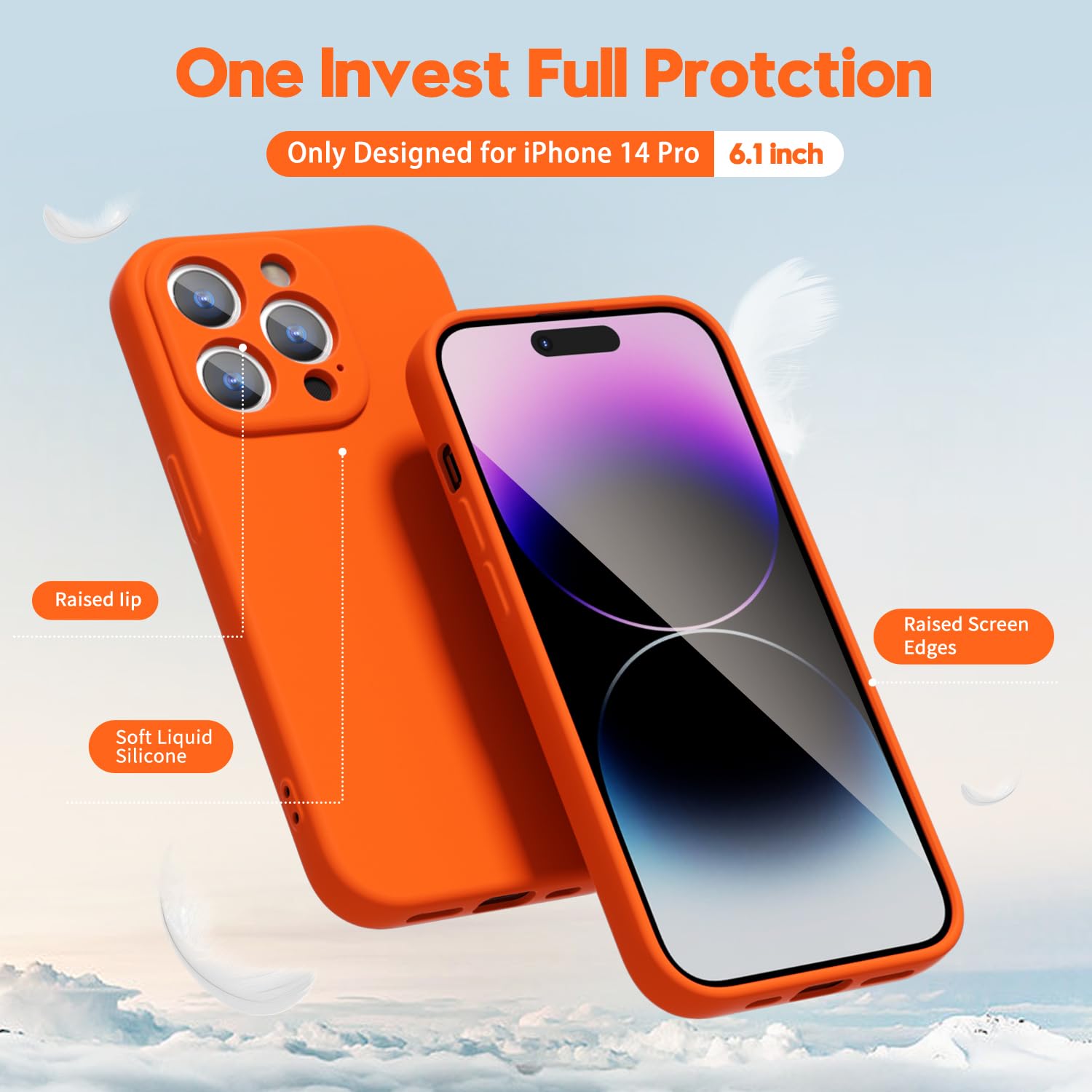 Oakxco For Iphone 14 Pro Phone Case Liquid Silicone, Fluorescent Bright Solid Color, Cute Thin Slim Soft Rubber Tpu Plain Smooth