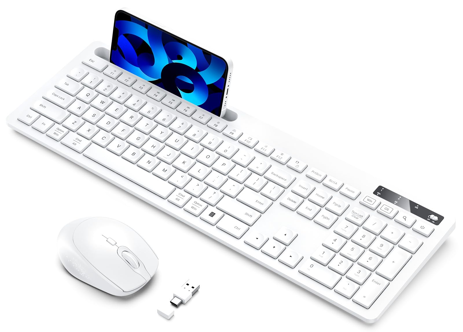 Wireless Keyboard And Mouse White, Vivefox Wireless Keyboard With Phone Holder Usb A & Type C Receiver Full Size Keyboard And Mo