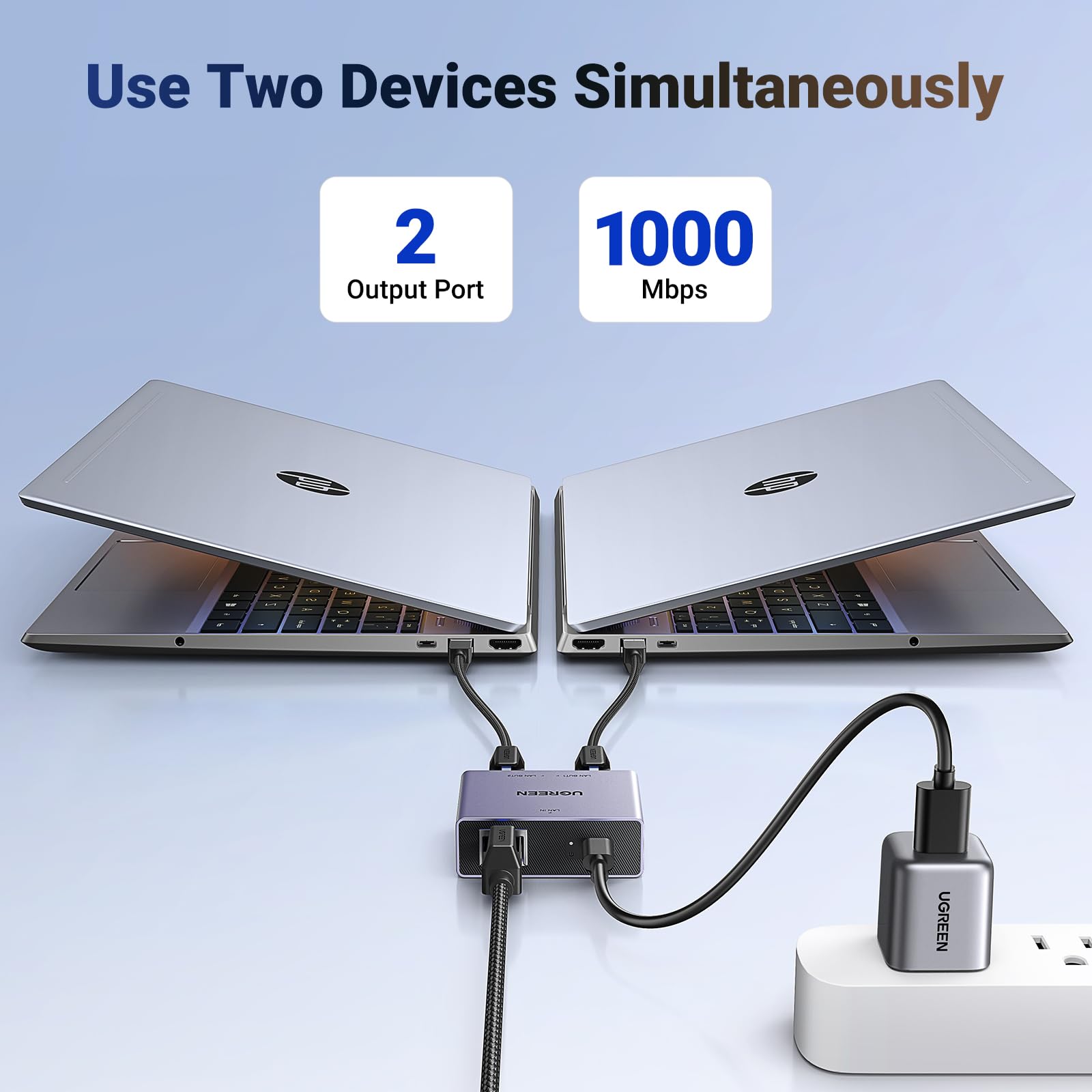 UGREEN 1000Mbps Ethernet Splitter, 1 to 2 RJ45 Switch with 3FT USB Power Cable for PC, Laptop, PS5, Xbox, TV - Plug and Play