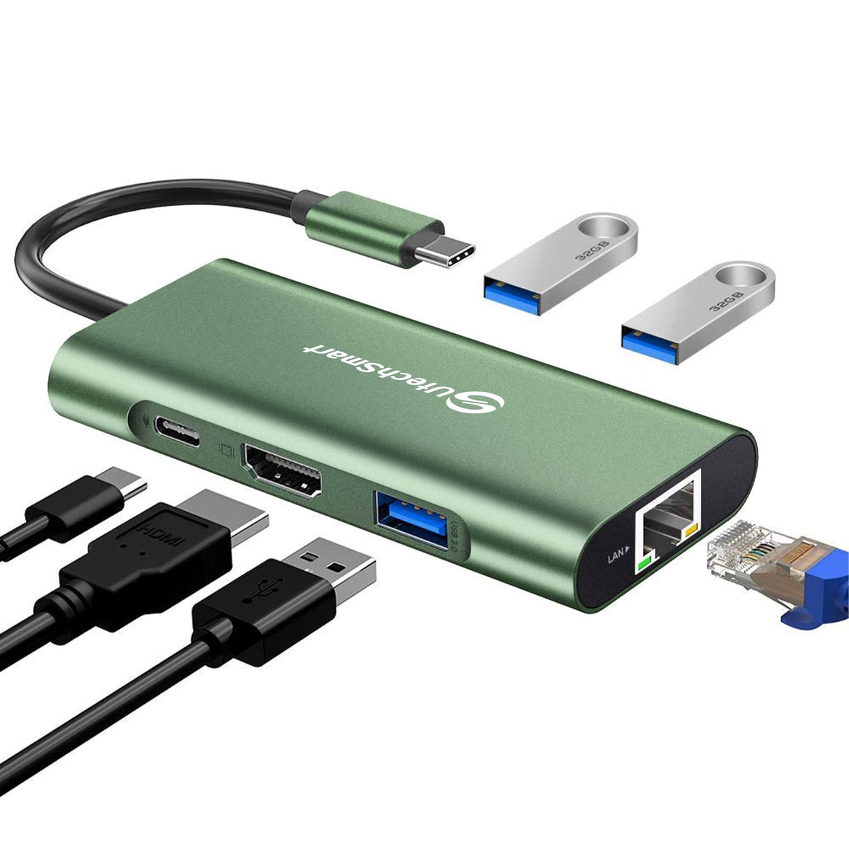 Utechsmart Usb C Hub, Ethernet Multiport Adapter 6 In 1 Usb C To Hdmi Dock Compatible For Macbook Pro/Air, Chromebook, Dell Xps,
