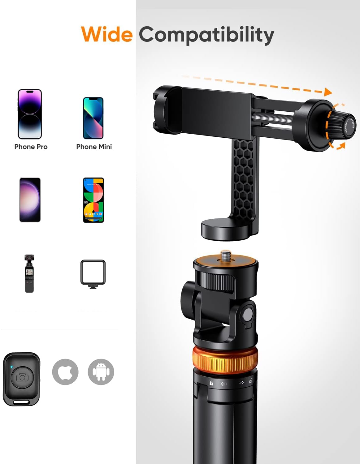 EUCOS 62 Phone Tripod - Extendable Selfie Stick with Remote, Compatible with iPhone/Android, Inferno Mix Carbon Black