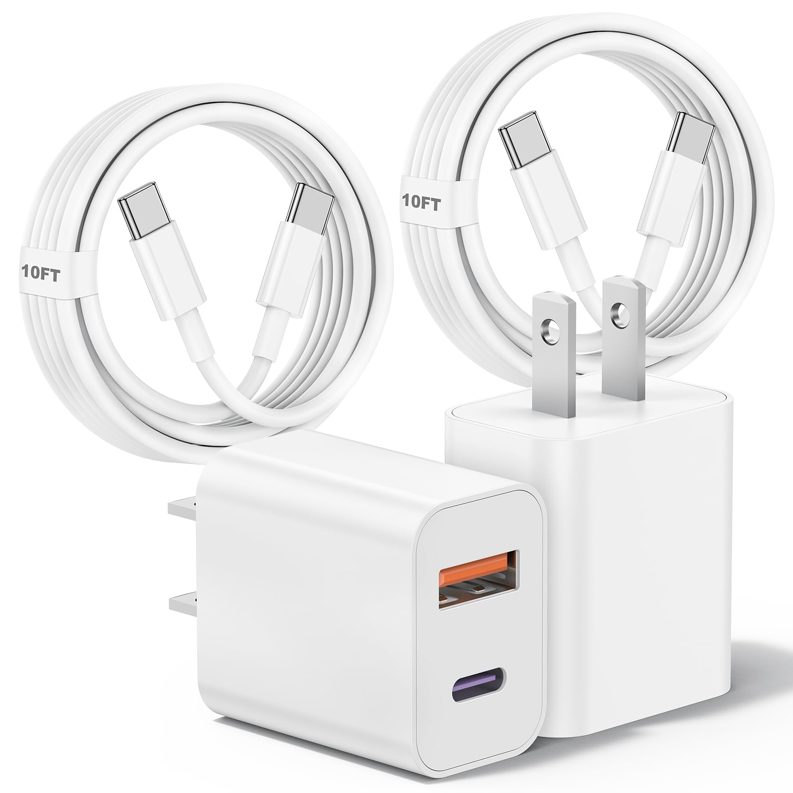 For Iphone 15 Fast Charger,[Apple Mfi Certified] 2Pack Dual Port 20W Pd Power Usb C Wall Charger Adapter With 10Ft Long Usb C Fa