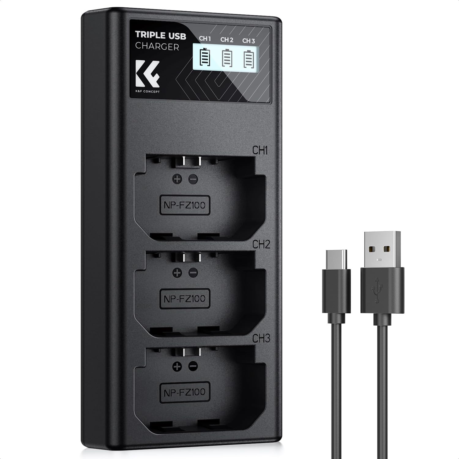 K&F CONCEPT NP-FZ100 Charger, 3-Slot A7iii Battery Charger with LCD Display for Sony A7iii A7iv A7Rv A6700 A6600 A9 A1 FX3 FX30 