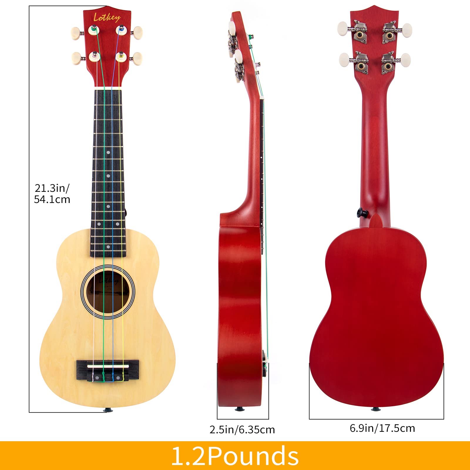 Ukulele, Soprano 21 Inch Ukelele Lotkey Ukeleles For Beginners Rainbow String Kit (Ukalalee Strap Cloth Tuner Bag Picks Manual)