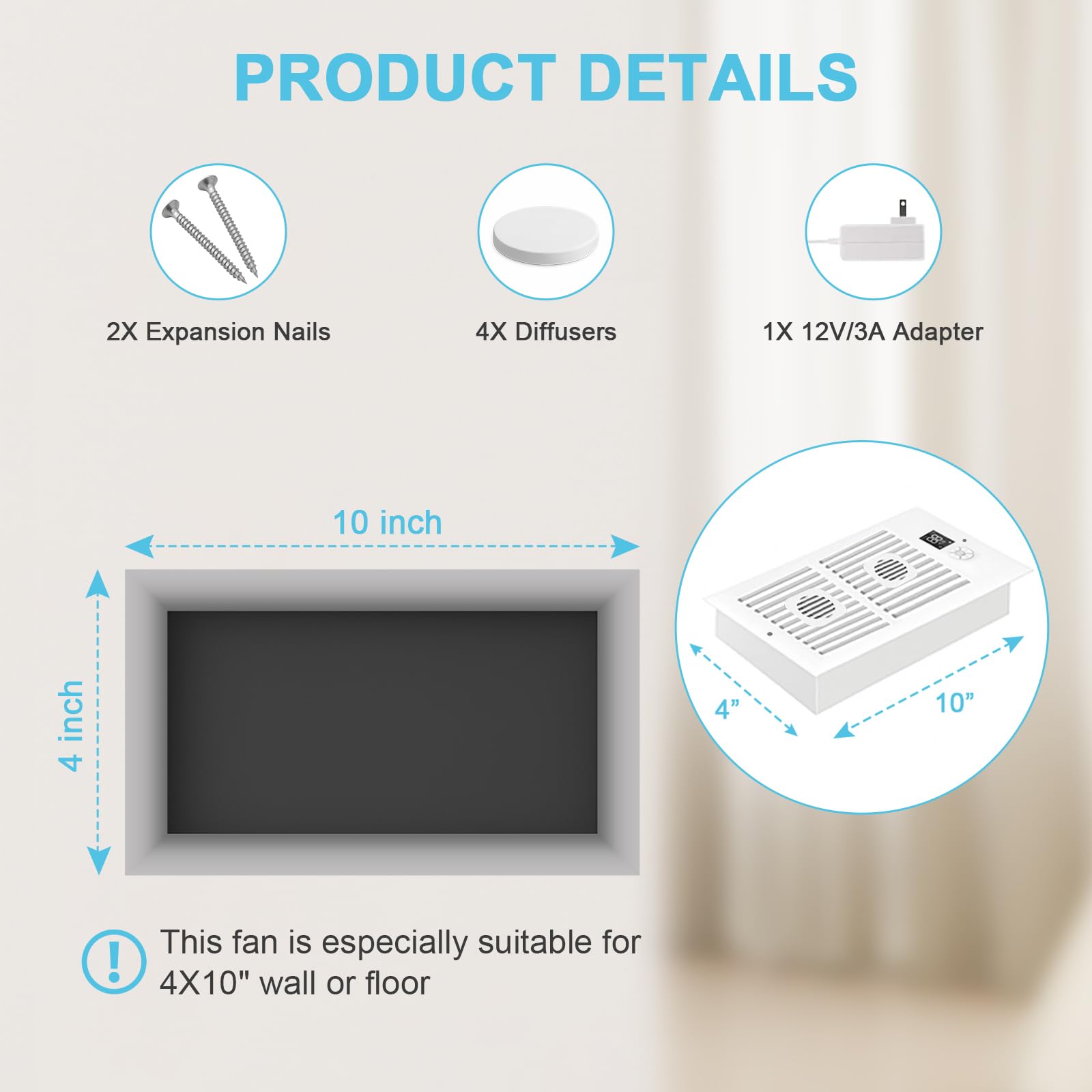 Register Booster Fan For 4 '' X 10 '' Vents Only, 10 Speeds To Control Cool And Warm Airflow, Air Conditioning Vents With Led Sc