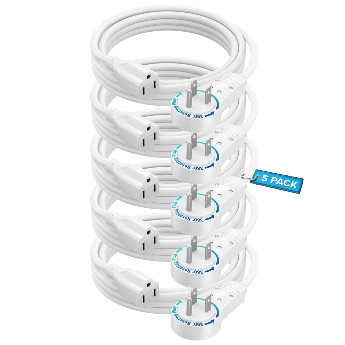 Maximm Extension Cord 10 Feet White (5 Pack) Flat Plug, 360 Rotating Short Power Cord Single Outlet, Indoor 16 Gauge 3 Prong Gro