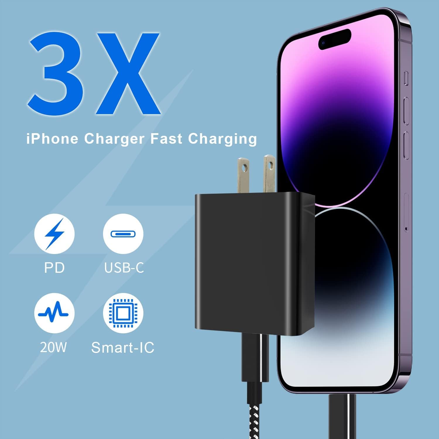 20W Usb C Fast Charger 10 Ft [Mfi Certified] Compatible With Iphone 14 13 12 11 Xs Xr X 8 Ipad, 2 Pack Pd Wall Charger Block With 10Ft Long Type C Lightning Cable (Black)
