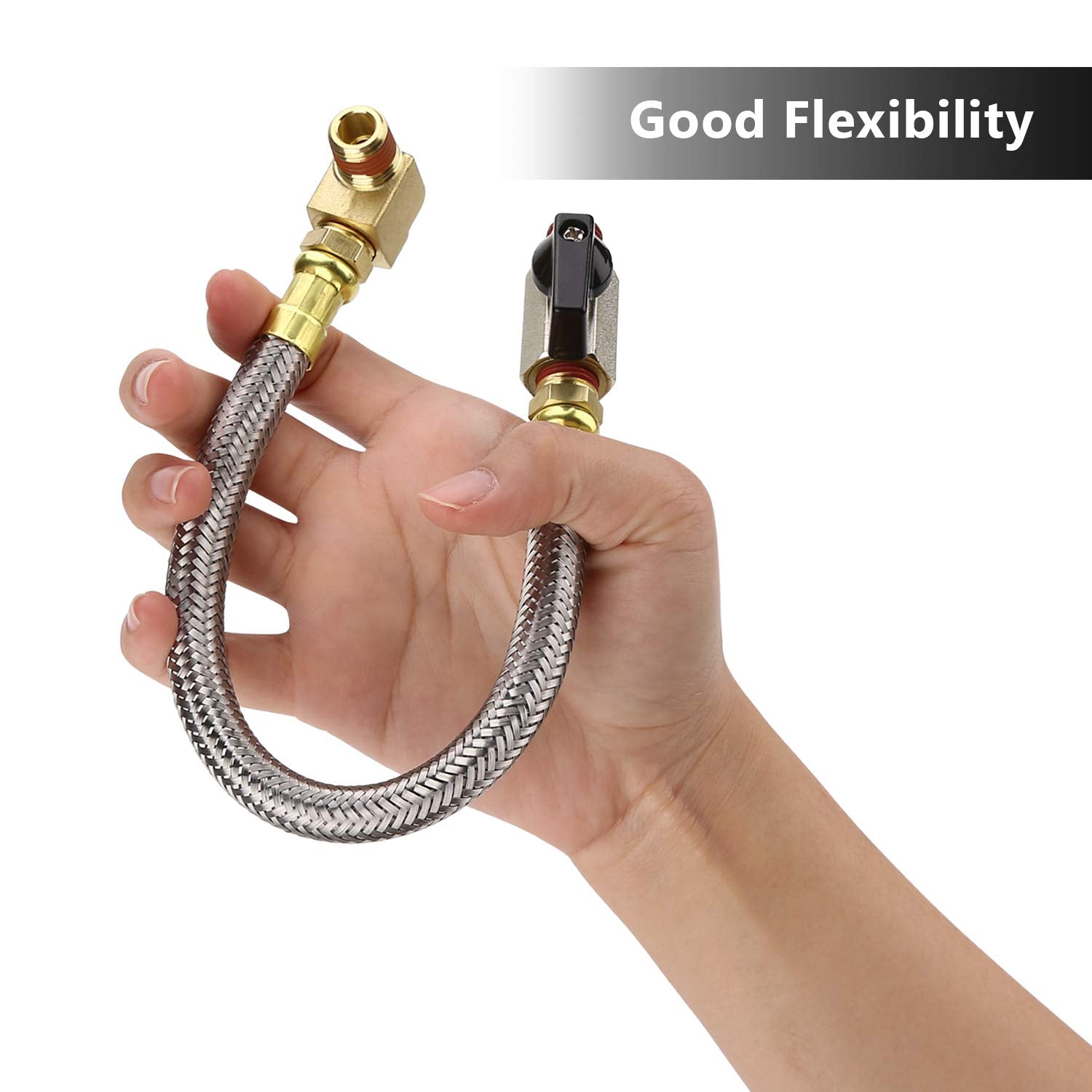 Hk Extended Tank Drain Assembly Kit With 10 Inch Braided Steel Hose 1/4 Inch Drain Valve And Elbow Fitting For Air Compressor