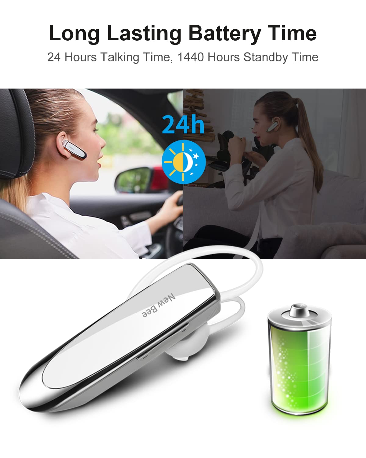 New Bee Bluetooth Earpiece V5.0 Wireless Handsfree Headset With Microphone 24 Hrs Driving Headset 60 Days Standby Time For Iphone Android Samsung Laptop Trucker Driver (White)