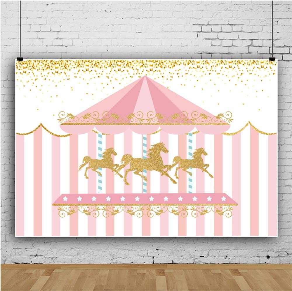 Dashan 7X5Ft Polyester Carousel Backdrop Gold Sequins Pink Stripe Photography Background Baby Girl 1St Birthday Cake Smash Baby