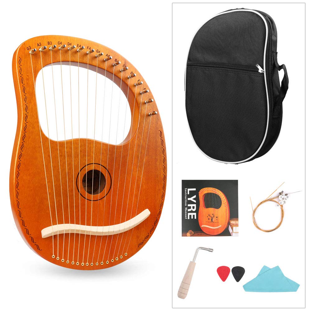 Mr.Power Lyre Harp Ancient Greece Style 16 Metal Strings Lyre With Tuning Wrench Extra String Set And Gig Bag (16 String, Natural Wood)