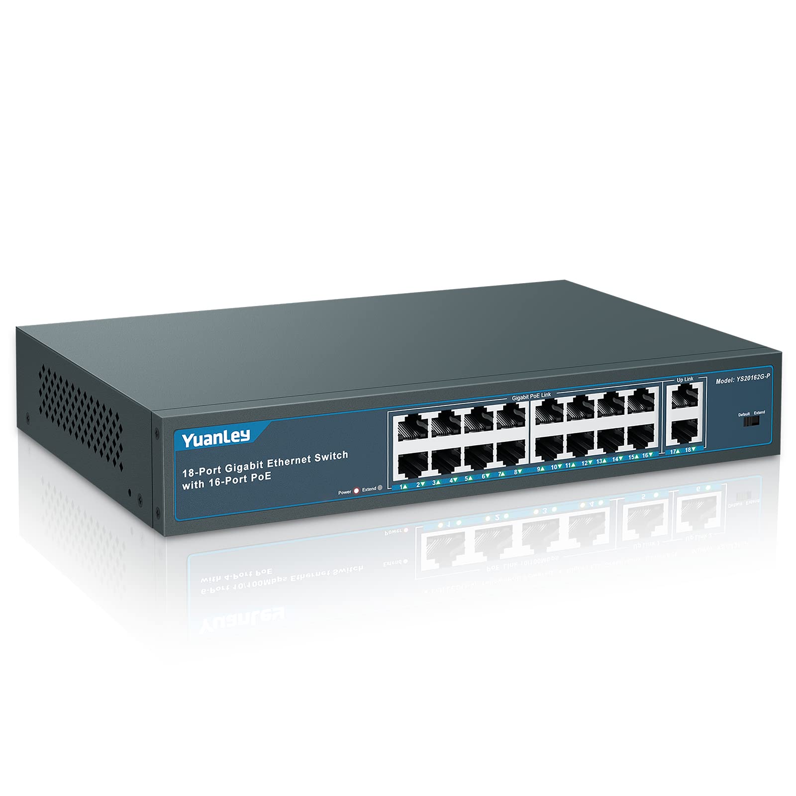 Yuanley 16 Port Gigabit Poe Switch With 2 Gigabit Uplink, 16 Poe+ Port 1000Mbps, 250W 802.3Af/At, Metal Desktop/Rackmount, Unman