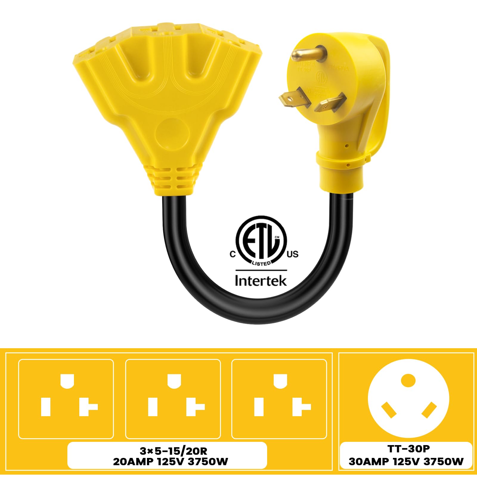 Kangikx 30 Amp To 110V 20 Amp Rv Distribution Adapter,Nema Tt 30P Male To 3X5 15/20R Female Rv Generator Adapter Cord,30 To 20Am