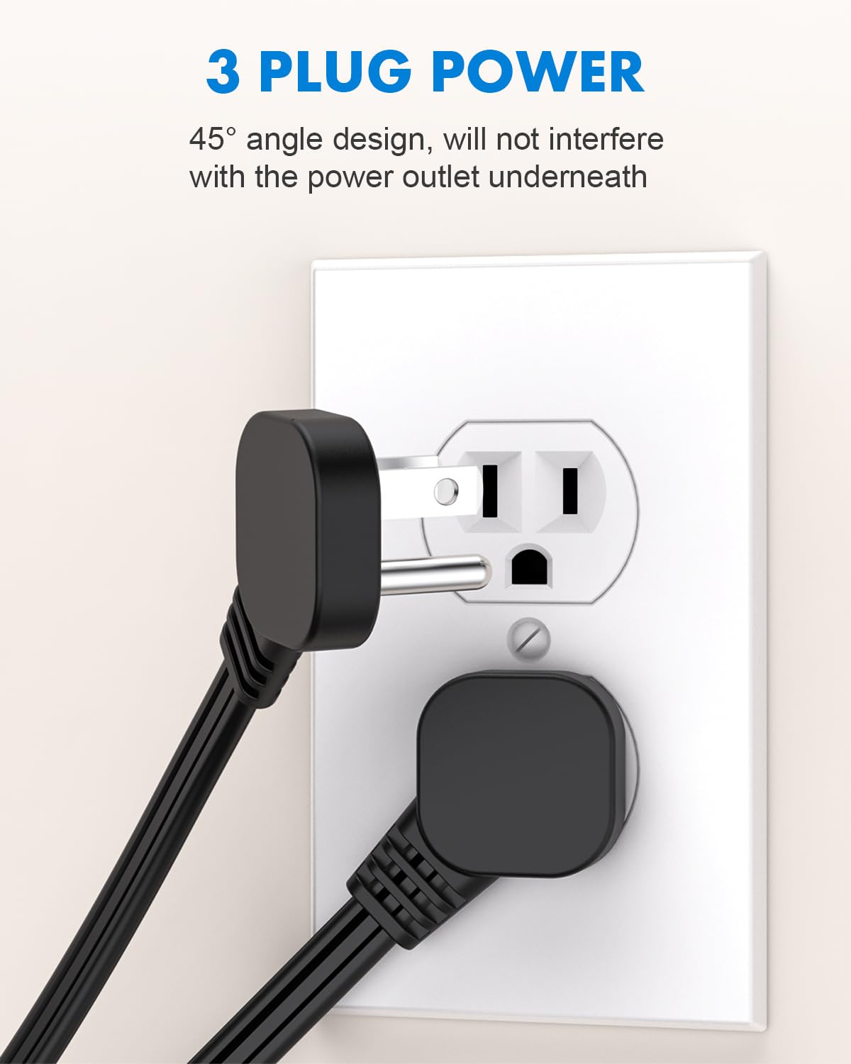 Flat Plug Short Extension Cord 1Ft Low Profile Flat Plug 3 Prong 16 Awg, 1625W Grounded Indoor Power Cable Outlet Saver For Kitc