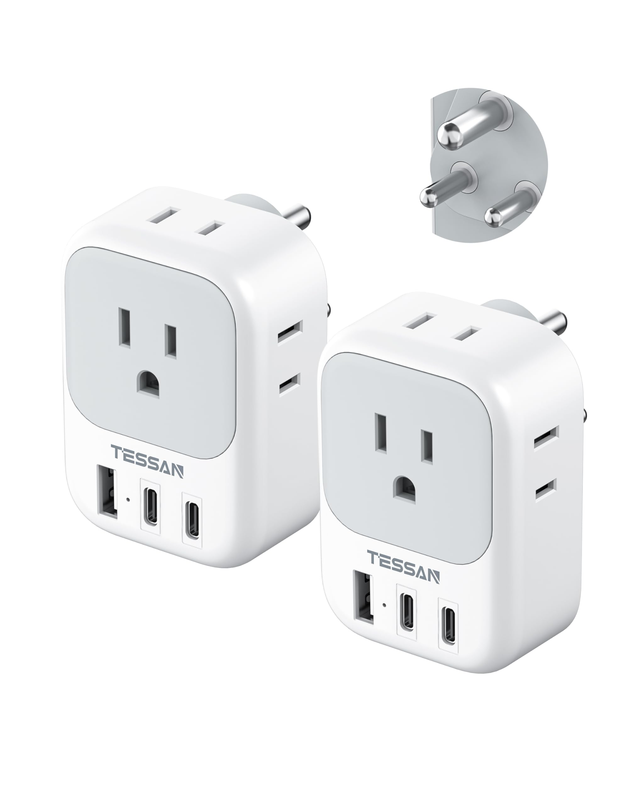 Us To India Plug Adapter 2 Pack, Tessan Type D Travel Adapter With 4 Outlets 3 Usb (2 Usb C), Power Adaptor For Us To India Nepa